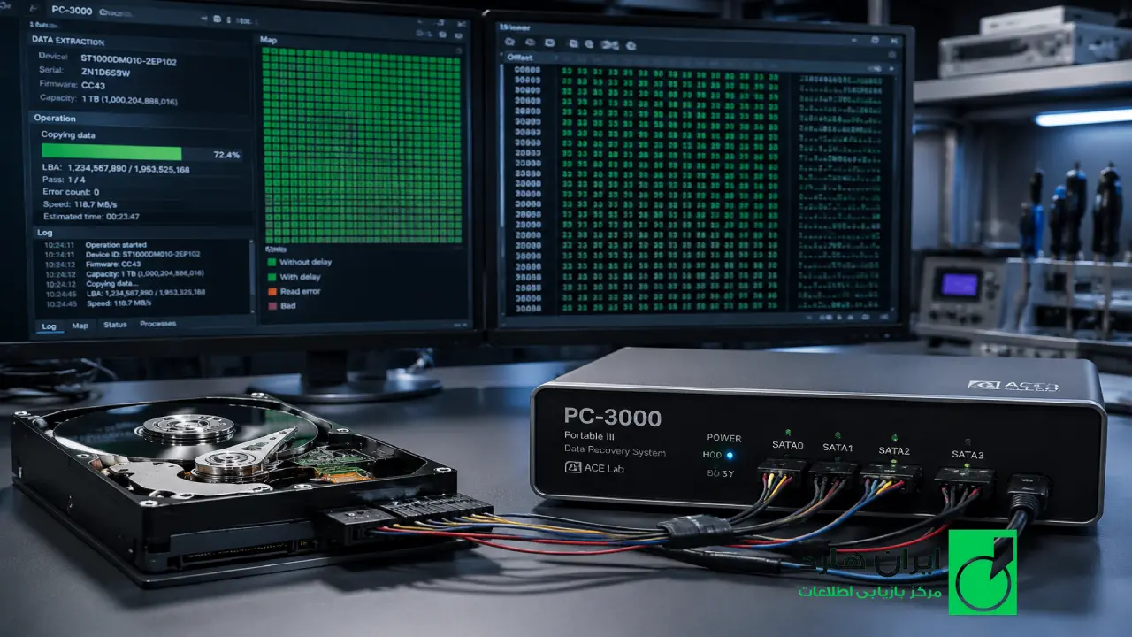اتصال هارد دیسک آسیب دیده به دستگاه تخصصی بازیابی اطلاعات PC-3000 برای استخراج داده ها.