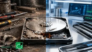 نمای ماکرو از پلاتر آینه ای و بازوی هد مکانیکی هارد دیسک آسیب دیده
