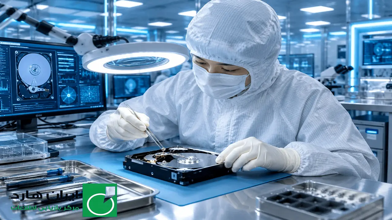 متخصص بازیابی اطلاعات در حال جراحی هارد دیسک داخل کلین روم پیشرفته کلاس ۱۰۰