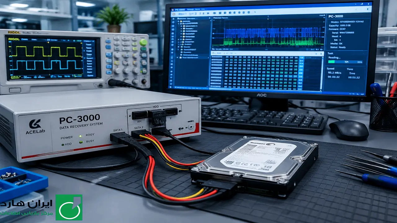 دستگاه تخصصی PC-3000 متصل به هارد دیسک برای بازیابی سخت افزاری داده ها